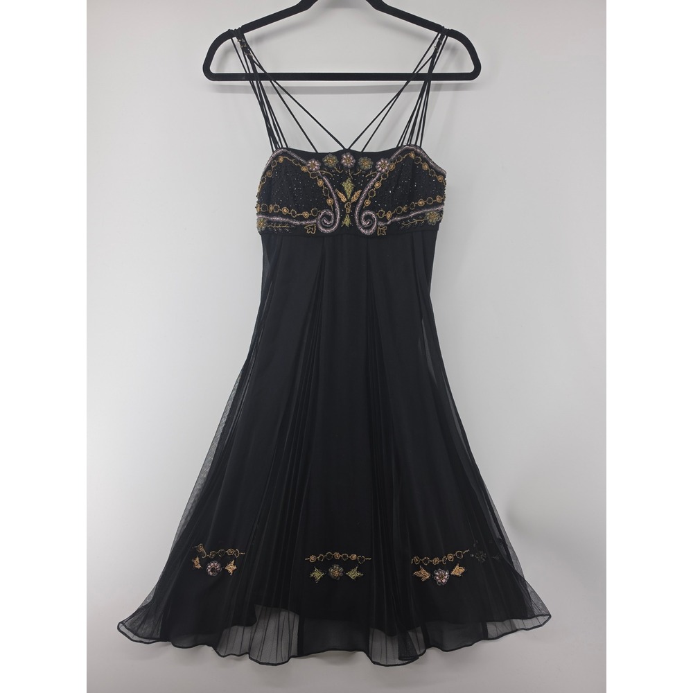 Sue Wong Nocturne Black Silk Beaded Pleated Cocktail Dress Multi Strap Size 4